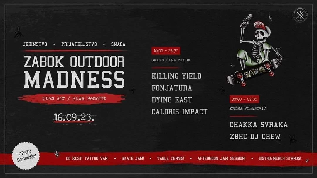 Event poster for Zabok Outdoor Madness skateboarding and music event on September 16, 2023, at Skate Park Zabok. Features lineup of bands, DJ, and activities including skate jam, table tennis, and an afternoon jam session.