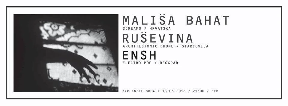 Event poster for music event featuring Mališa Baht, Rusevina, and Ensh, scheduled for March 18, 2016, at 9:00 PM in Belgrade, with a 5 km run before the event.