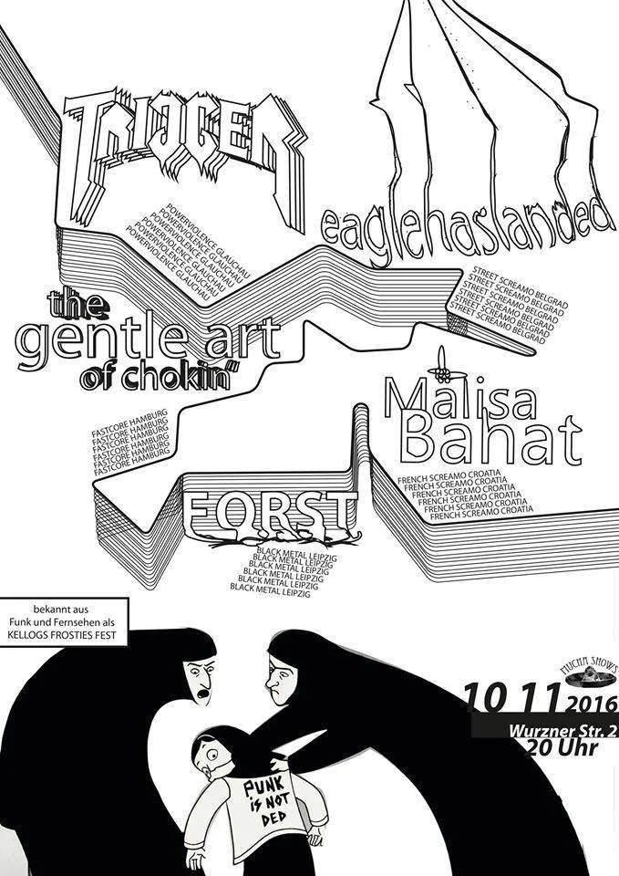 Black and white poster featuring stylized text and illustrations. 