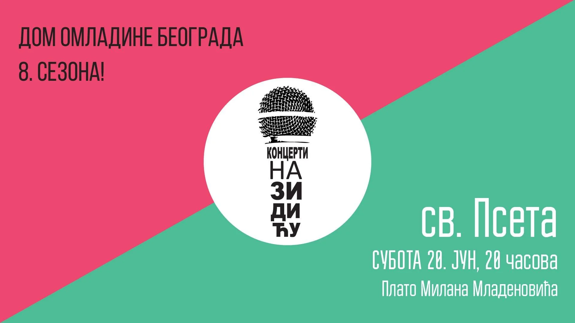 Poster advertising a concert in Belgrade on Saturday, June 20 at 8 PM, featuring a Mikser House, Plateau Milana Mladenovića, with text in Serbian and color blocks in pink and teal.