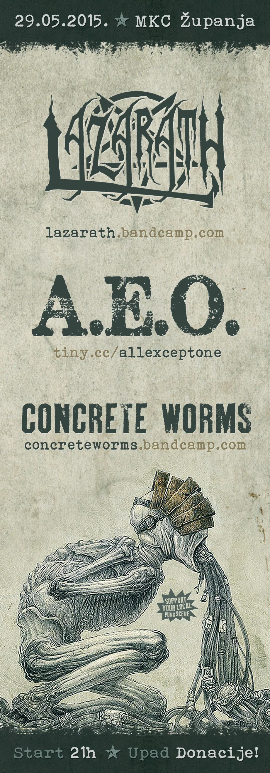 Event poster for May 29, 2015, at MKC Županja featuring bands Lazarath, A.E.O., and Concrete Worms, with a detailed illustration of a humanoid creature with wires and mechanical parts, and supporting local punk scene.