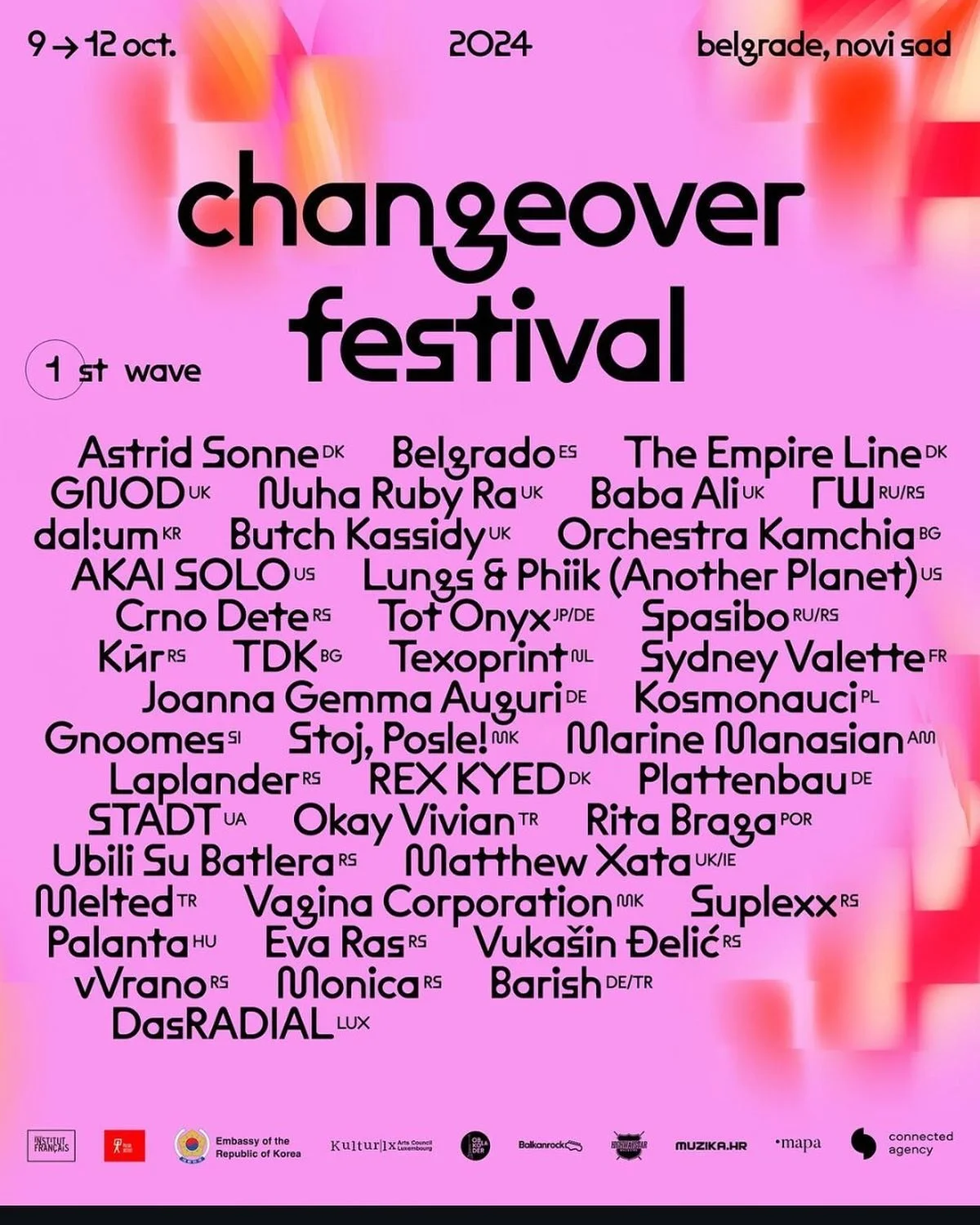 Poster for the Changeover Festival held in Belgrade, Novi Sad from October 9 to 12, 2024. Pink background with a list of performing artists and groups, including Astrid Sonne, Belgrado, The Empire Line, GNOD, Nuha Ruby Ra, Baba Ali, and others. The p