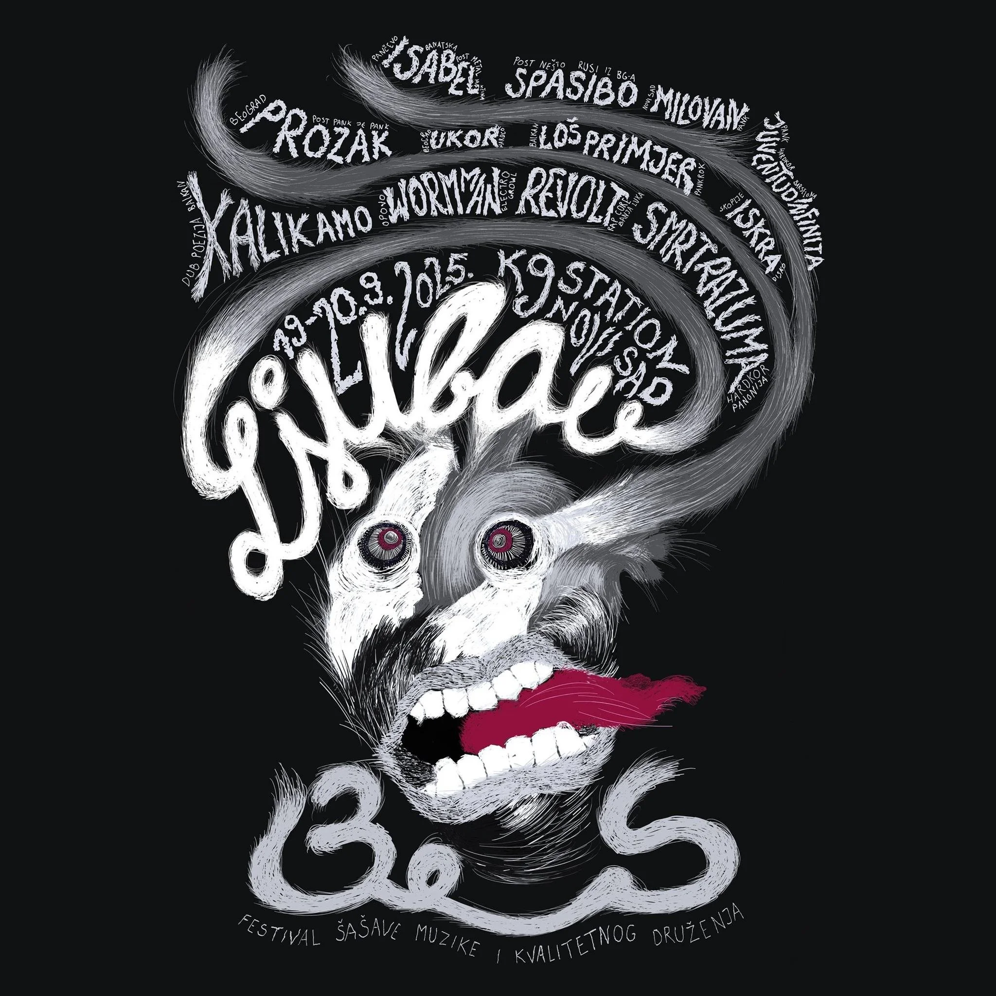 Artistic illustration of a skull created with white and gray words and swirling lines on a black background, with text in Serbian promoting a music and quality arts festival.
