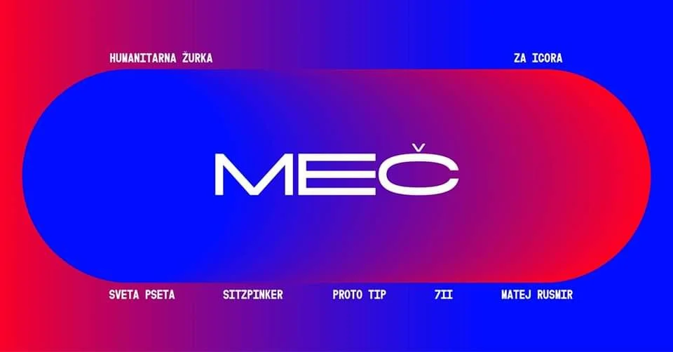 Graphic with a horizontal oval gradient background in shades of pink, purple, and blue, featuring the text 'MEČ' in the center and various smaller names around the edges.