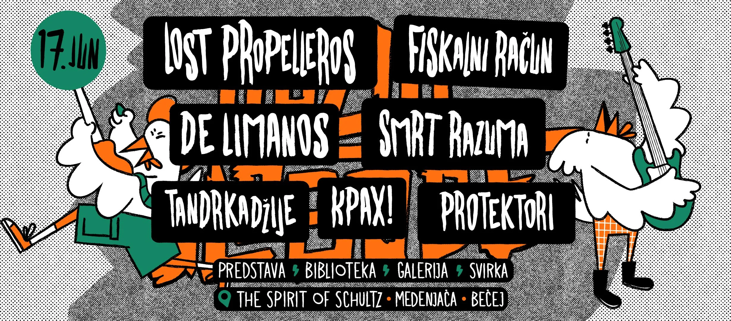 Band illustration promoting an event with text in Polish and English, featuring two cartoon birds playing musical instruments, with a green speech bubble displaying the date "17. JUN." and a list of event details, including location at "THE SPIRIT OF