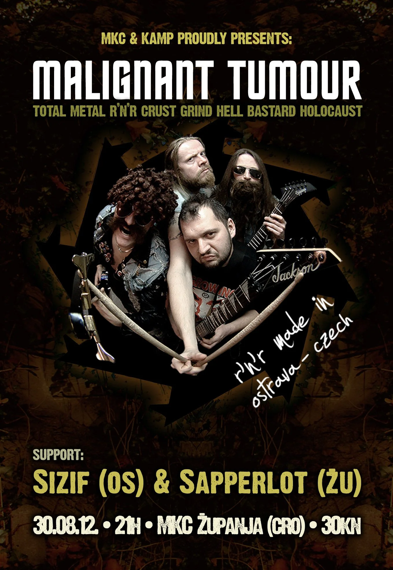 Poster for a music event featuring a band called Malignant Tumour. The poster has a dark background with autumn leaves and a photo of four band members holding guitars, with one person wearing sunglasses. MKC Zupanja