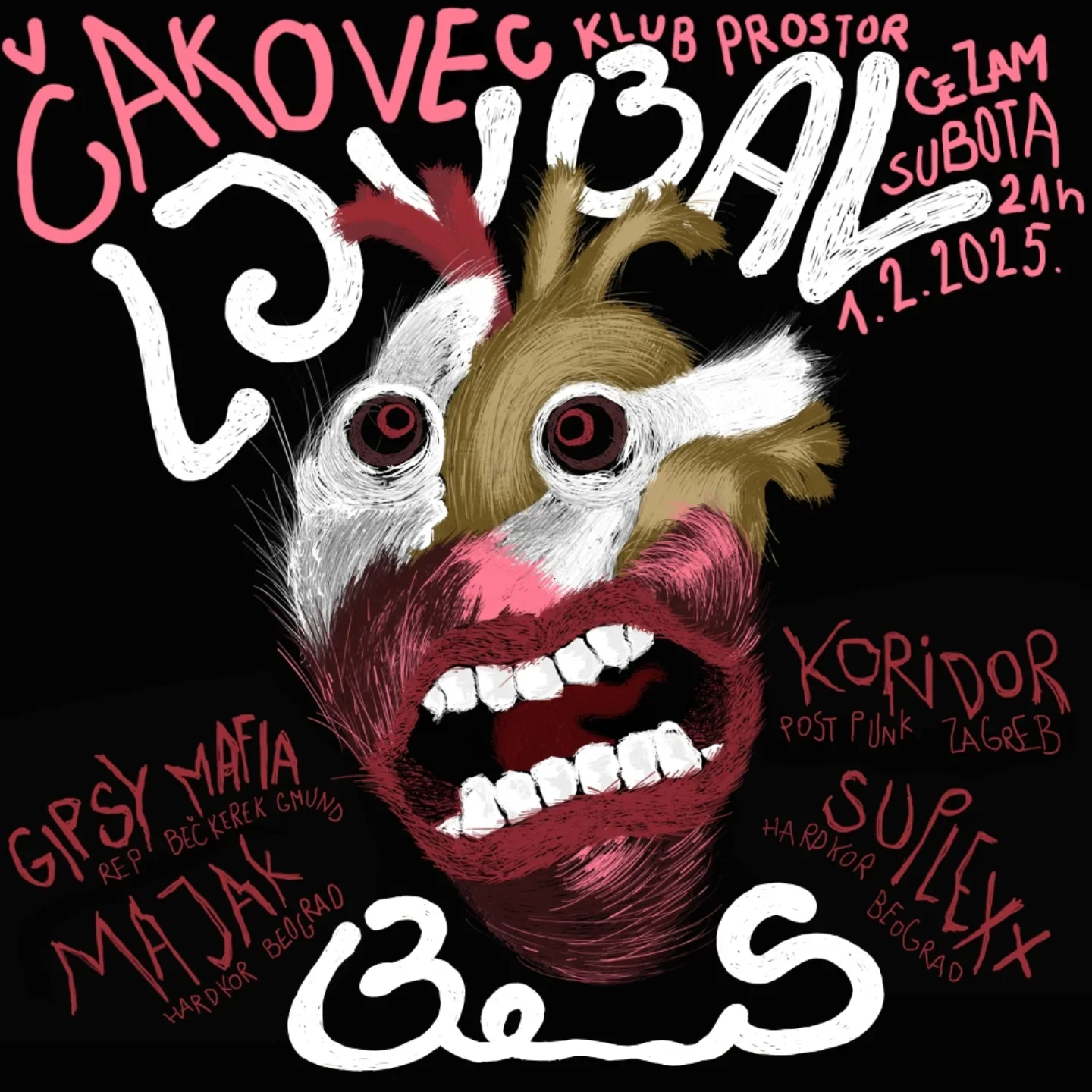 A colorful, abstract illustration of a clown face with exaggerated features, featuring wild hair, large eyes, and a wide mouth with teeth, surrounded by various event details and band names in pink and white text.