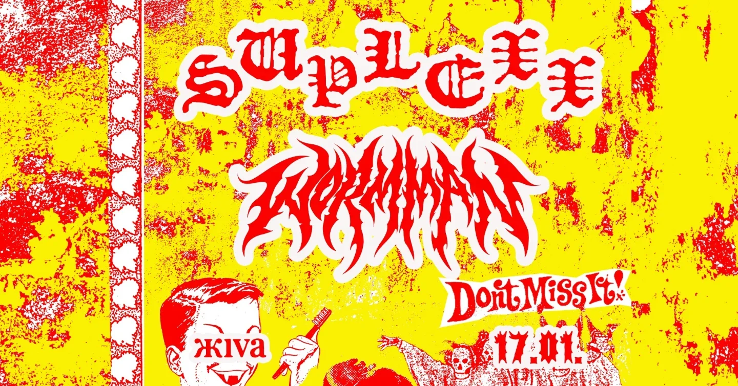 Colorful graphic poster with bold red and yellow design, featuring stylized text reading "Suplexx" and "Don't Miss It!" with comic-style illustrations of people, including one holding a toothbrush.