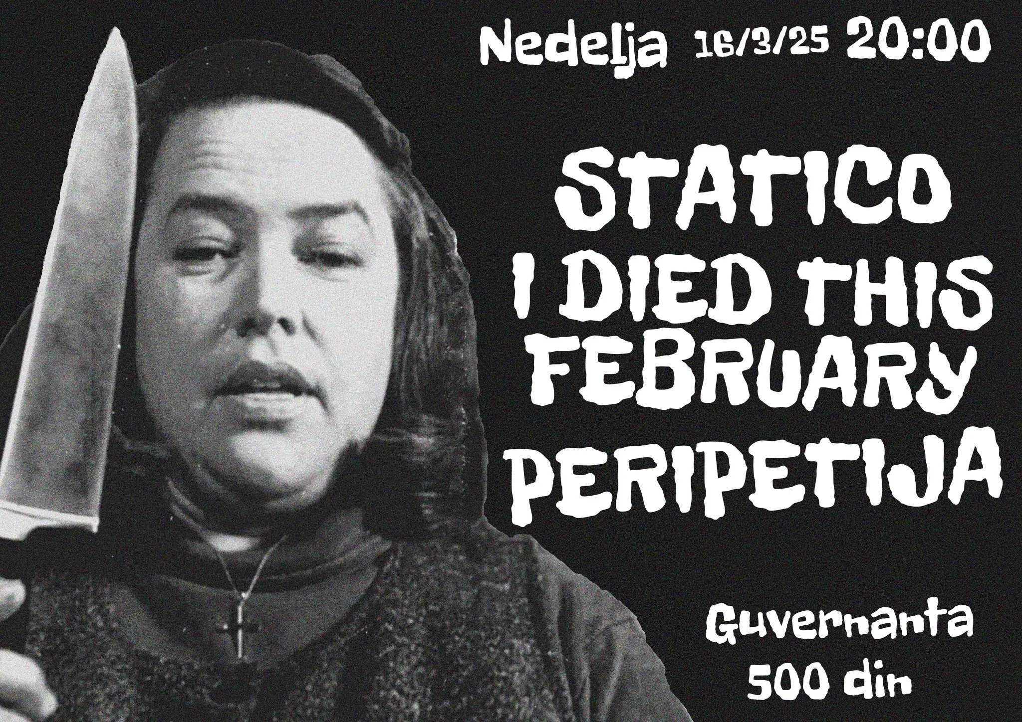 Black and white photo of a woman with dark hair, wearing a jacket and headphones. Overlaid text in a stylized font mentions a concert by Nedelja on March 16, 2025, at 8:00 PM, with ticket price of 500 din.