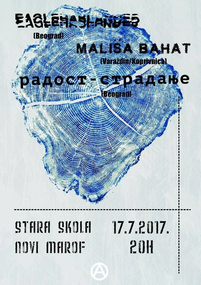 Blue sawed wood cross-section with black text overlay including event details in Serbian or similar language, date, location, and time.