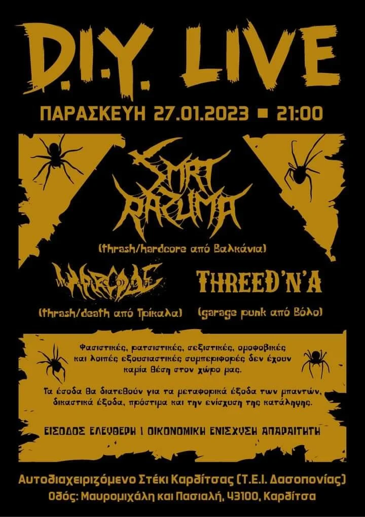 Event poster for a DIY live concert on January 27, 2023, at 9:00 PM featuring Thrash Metal bands from Greece and Balkans, with bold yellow text on a black background and illustrations of spiders and insects.