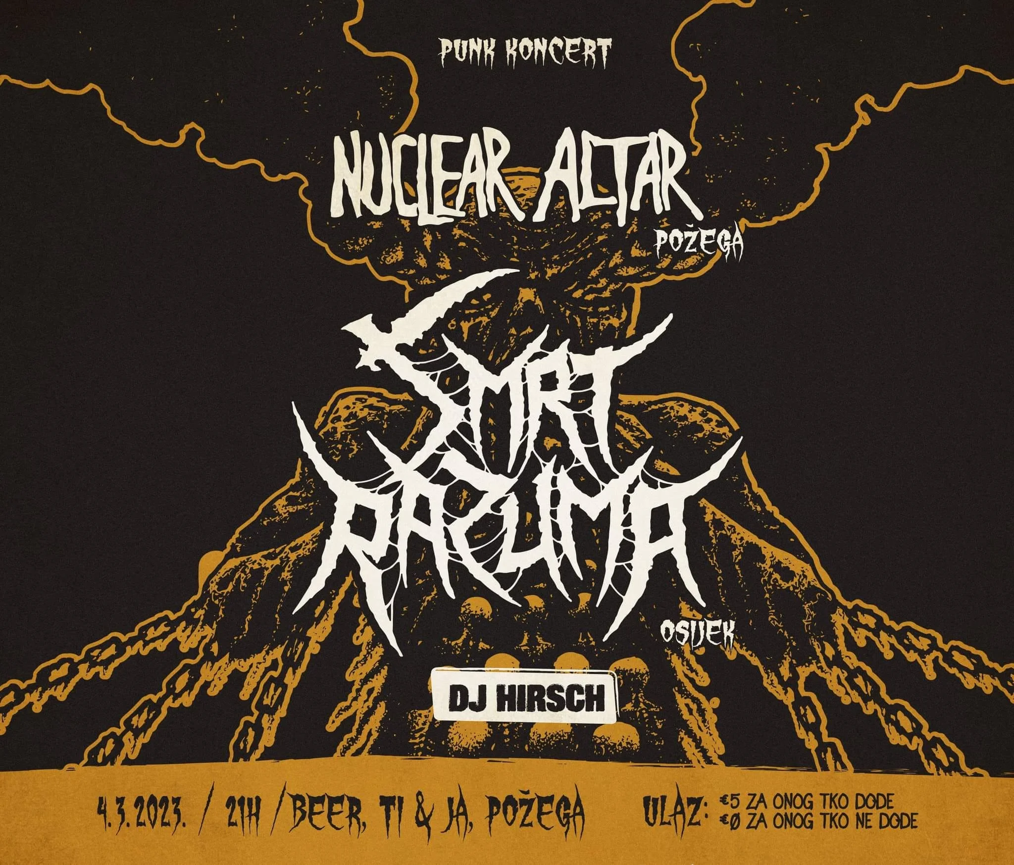 Poster for a punk concert featuring a radioactive skull with mushroom cloud smoke. The text includes details about the event in Pozega on April 3, 2023, at 9 PM, with beer and entry prices listed.