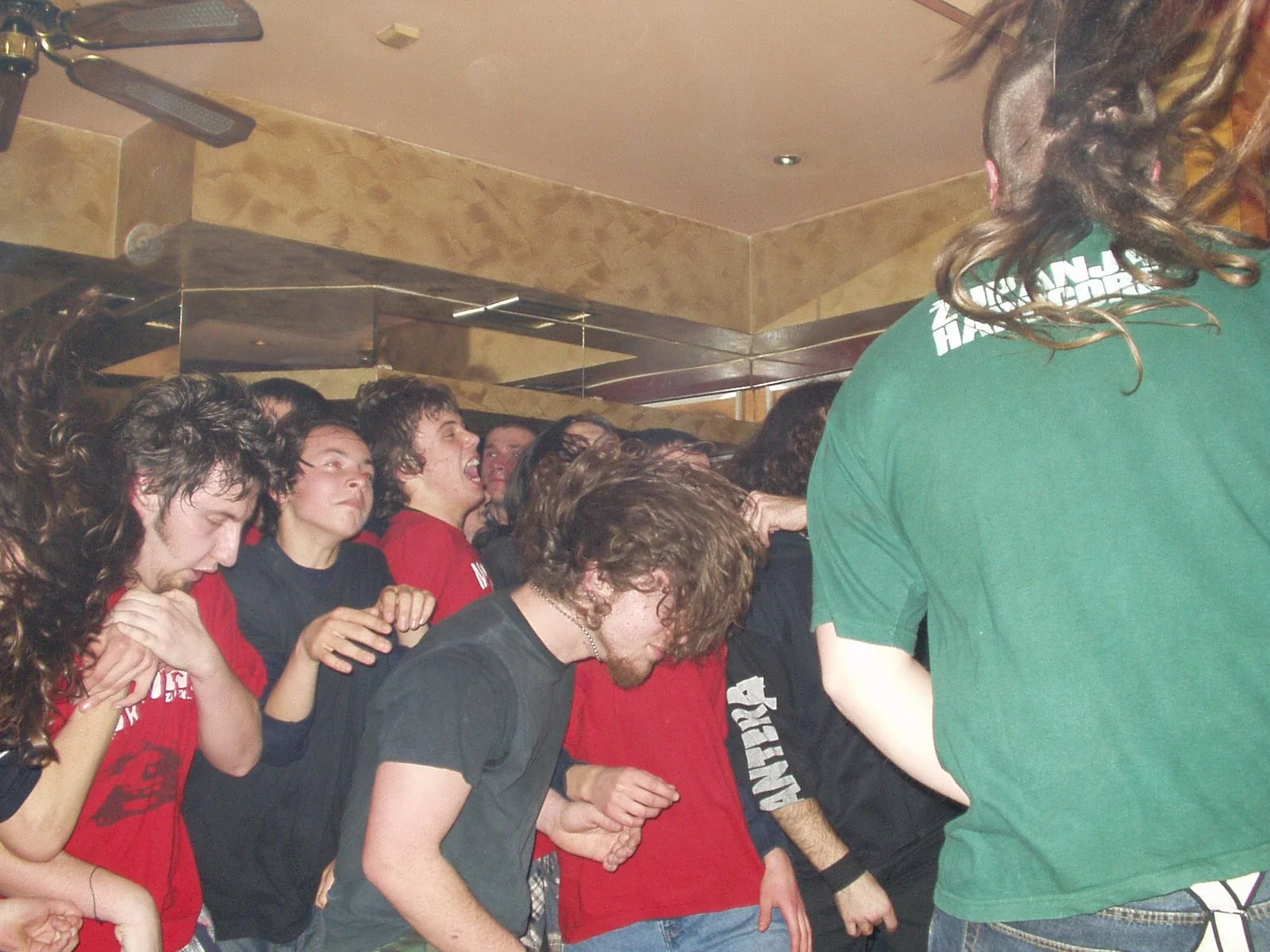 Group of people at a concert or party, with many close together, some appearing to scream or sing along, and others with their heads bowed, in an indoor setting with a mirror on the wall.