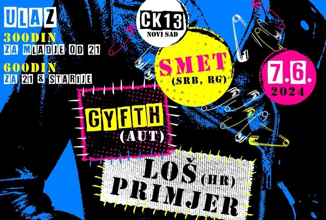 Colorful promotional poster for a music event in Novi Sad on June 7, 2024, with various graphic elements and text in bold fonts.