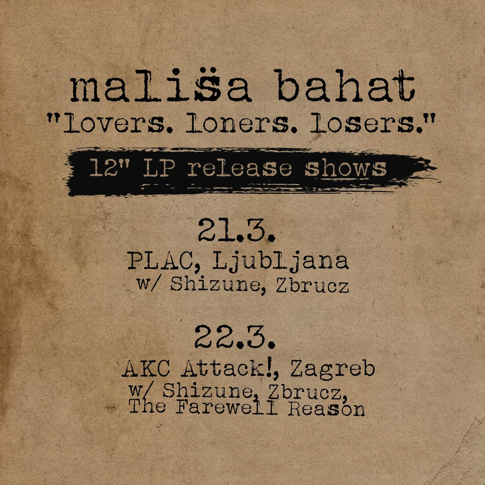 Close-up of a textured paper with typewriter-style text mentioning a concert by Malisa Bahat, titled 'Lovers. loners. Losers!'.
