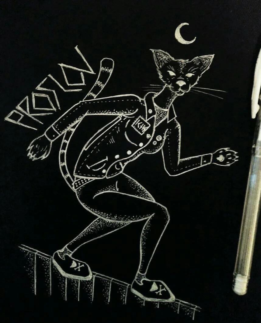 Stylized drawing of a humanoid cat dressed as a police officer, wearing a hat, badge, and uniform, with a full moon in the background, standing on a railing.