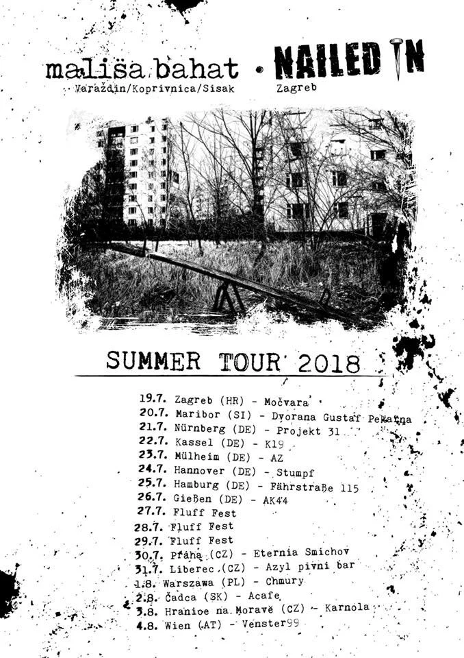 Black and white flyer for Malisa Bahat's summer tour in 2018, featuring a background photo of trees and buildings in Zagreb, Croatia. Tour dates and locations listed from July 19th to August 4th, including cities in Croatia, Germany, Czech Republic, 