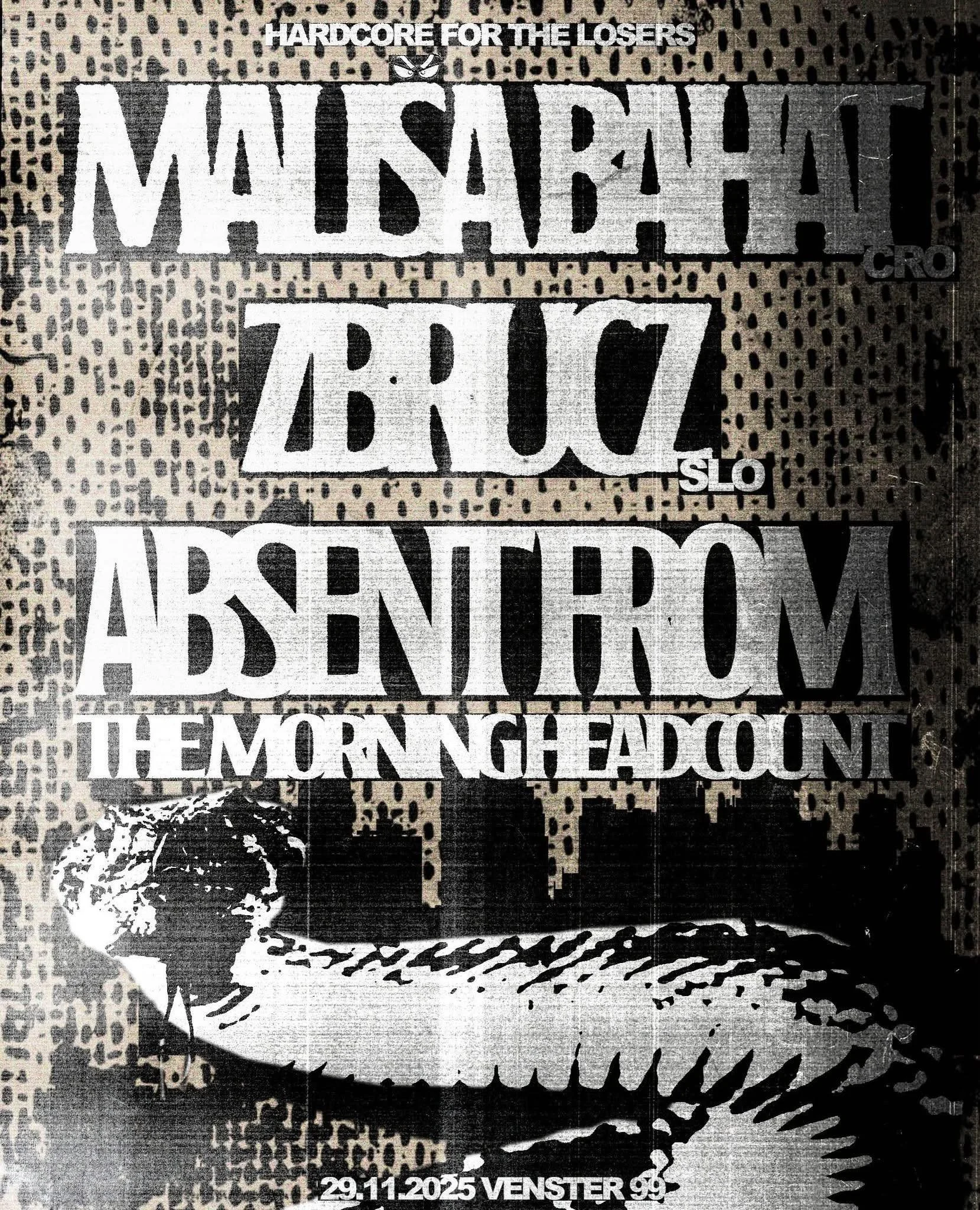 Black and white collage of posters with layered text, including phrases like 'HARDCORE FOR THE LOSERS' and 'MALISA BAHAT,' featuring a mix of bold, distressed fonts and graphic elements such as skeletal parts, abstract textures, and patterns. 