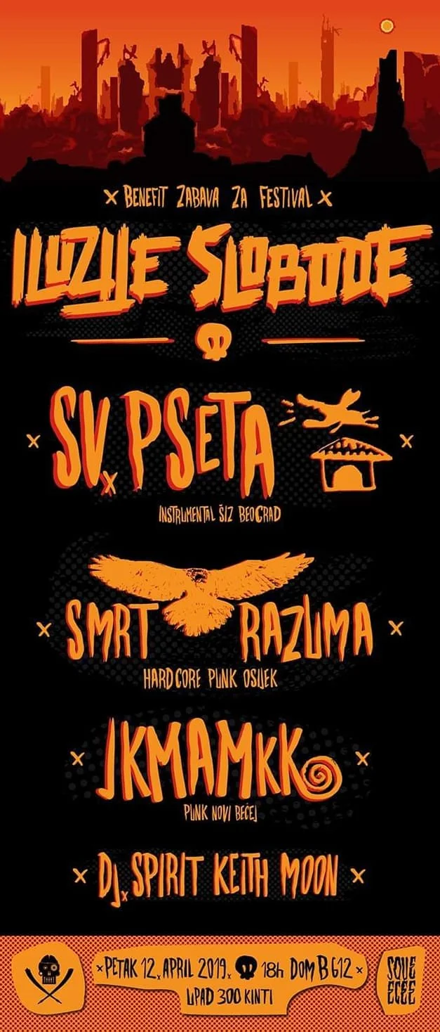 Festival poster with a dark orange and black color scheme, silhouettes of ruined cityscape with destruction, a bright sun or moon, and stylized text listing bands and event details. Features skull and owl icons, and information about a benefit music 