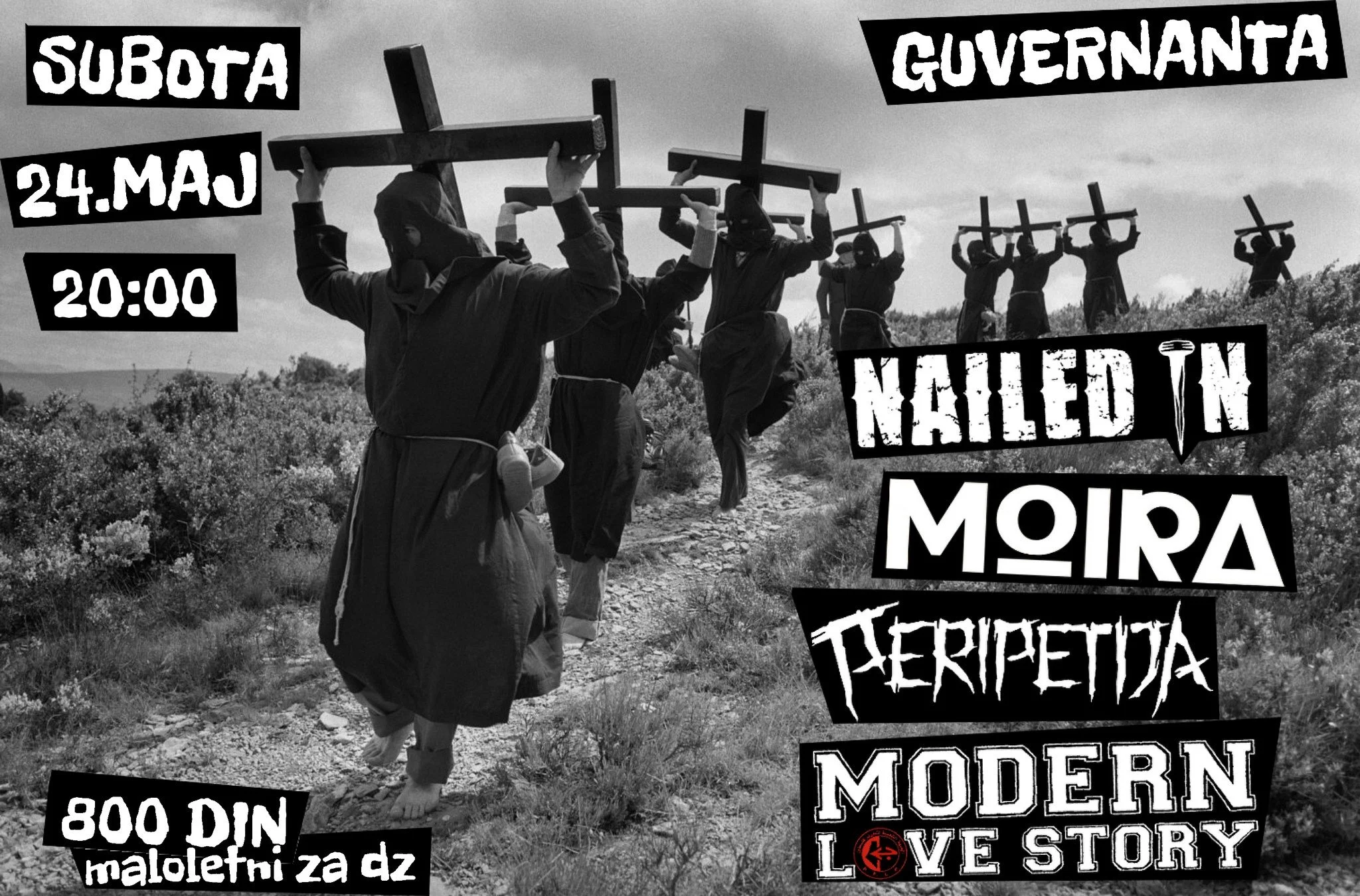 Black and white photo of people carrying wooden crosses, walking in a line outdoors with bushes and sky visible, overlaid with promotional text in a slanted font for an event on May 24 at 8:00 PM.
