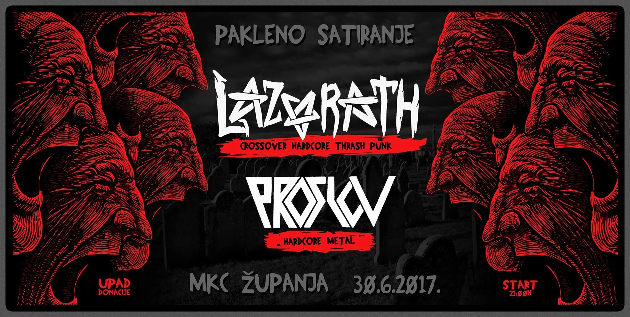 Black and red graphic design poster for a hardcore metal concert featuring bands Lazarath and Proslov. The poster includes illustrations of snarling animal heads, a dark background with tombstones.