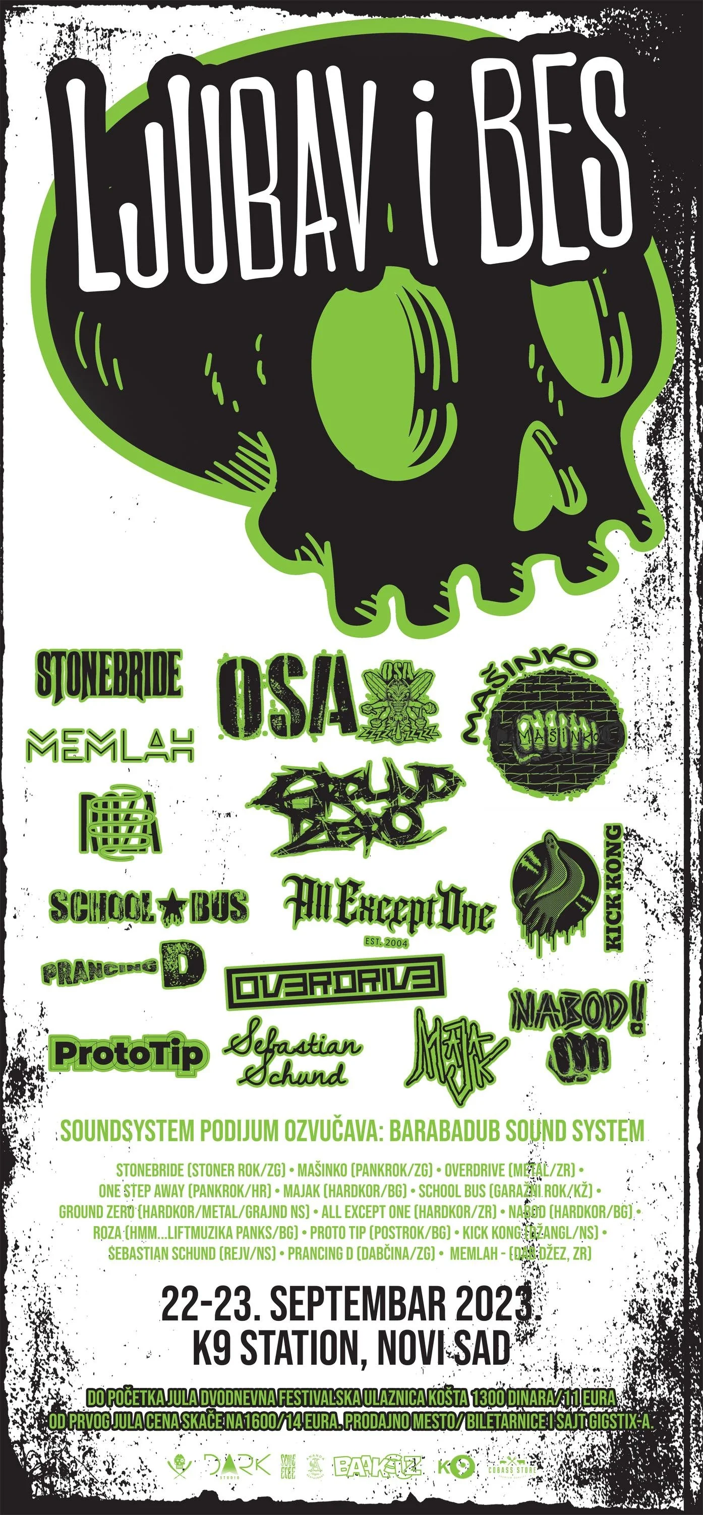 Poster for a music festival featuring various bands and acts, with a prominent green skull graphic and stylized text, scheduled for September 22-23, 2023, at K9 Station in Novi Sad.