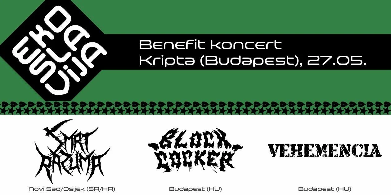Poster advertising a benefit concert for Kripta in Budapest on May 27. Featuring bands with logos: Smrt Razuma from Novi Sad/Osijek. 