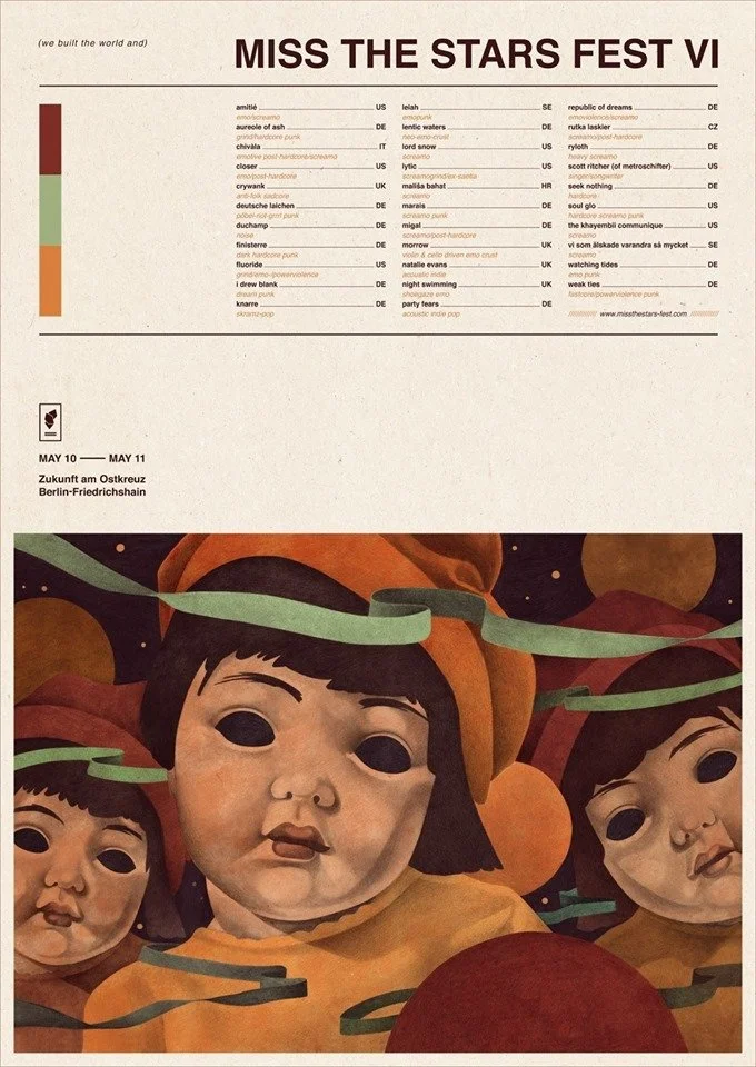 Poster for Miss the Stars Fest VI featuring a list of performers and an illustration of three large dolls with dark hair and hollow eyes, surrounded by orange and red abstract shapes.
