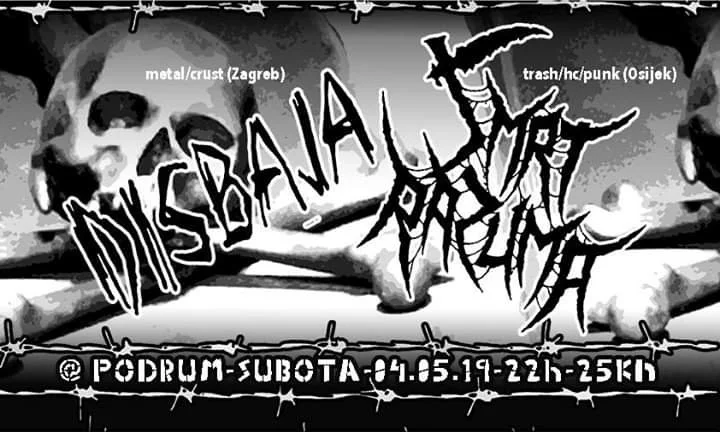 Black and white promotional poster for a metal/crust concert, with skull and barbed wire imagery and event details in Croatian.