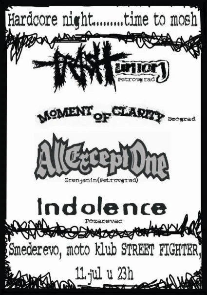 A poster promoting underground music events featuring bands like Trash Union and All Except One, with additional details about a street fighter motorcycle club event in Smederevo, Serbia.