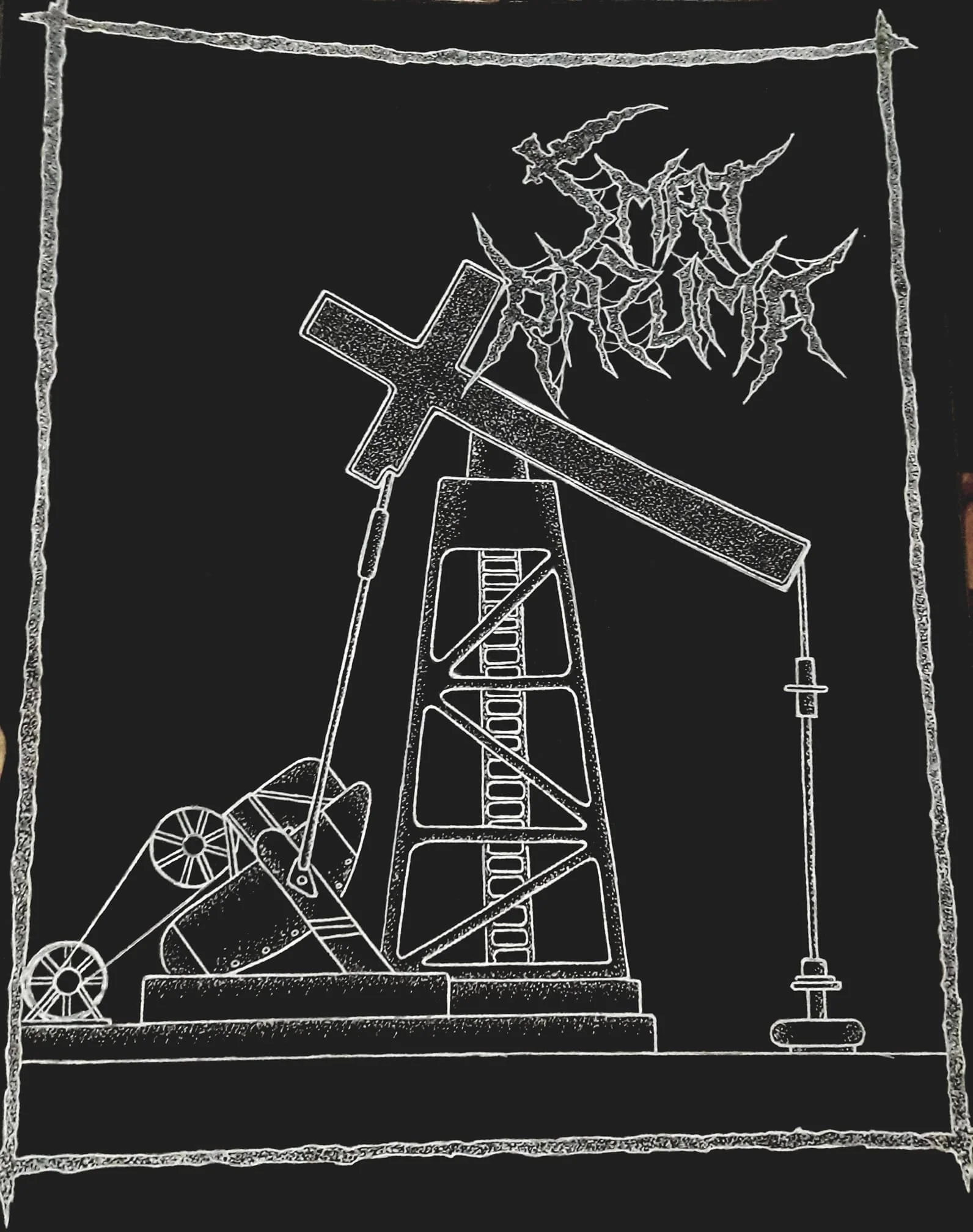 A chalk drawing of an oil pumpjack with a scythe and the words 'SYNTHETIC KILLING' written in a jagged font above it, framed by a chalked border.