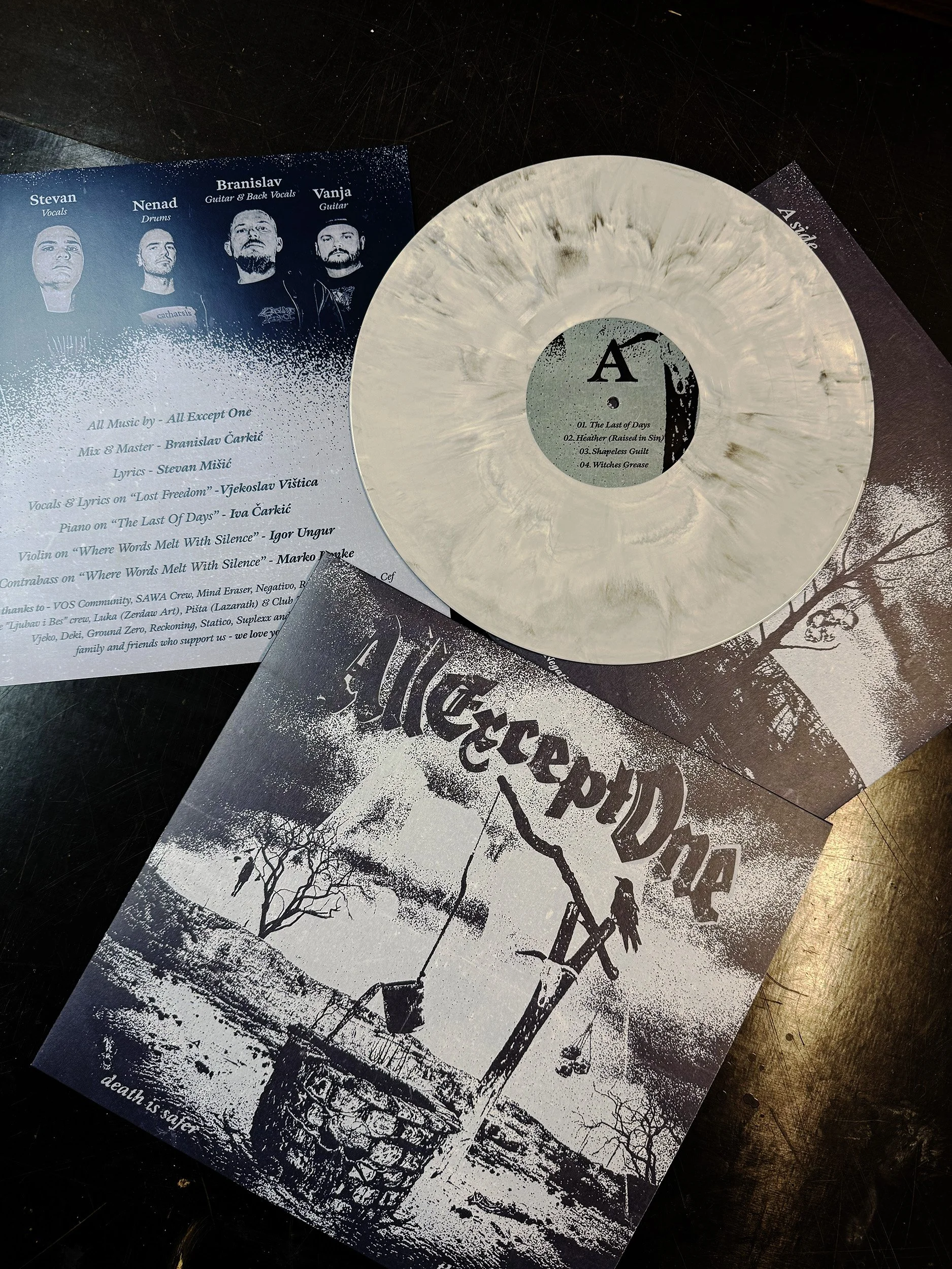 Black and white promotional materials, including a vinyl record with a grayish marble pattern on the cover and a group photo of four musicians with their names and roles.