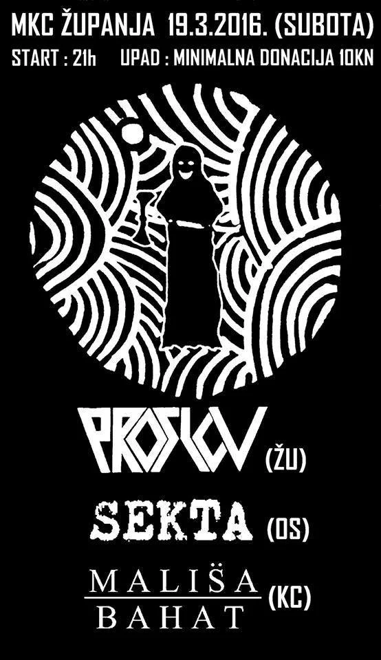Event poster for a concert on March 19, 2016, featuring bands Provok from ŽU, Sekta from OS, and Mališa Bahat from KC. The poster has a black background with white text and a circular maze-like graphic with a smiling figure in the center.