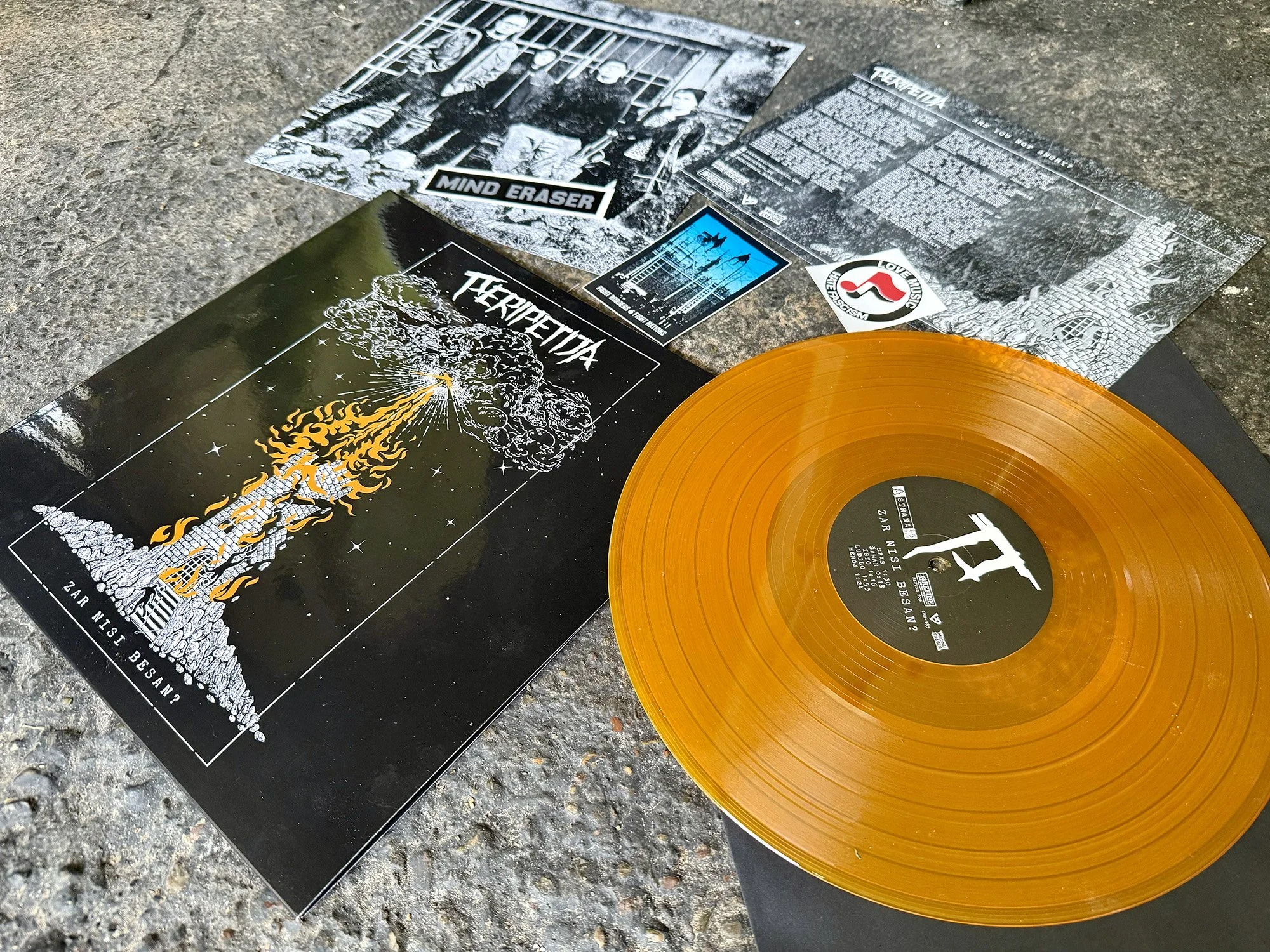 Black and white flyer, album cover, and stickers for the band 'Terrorite' and other items including a gold vinyl record on a textured gray surface.