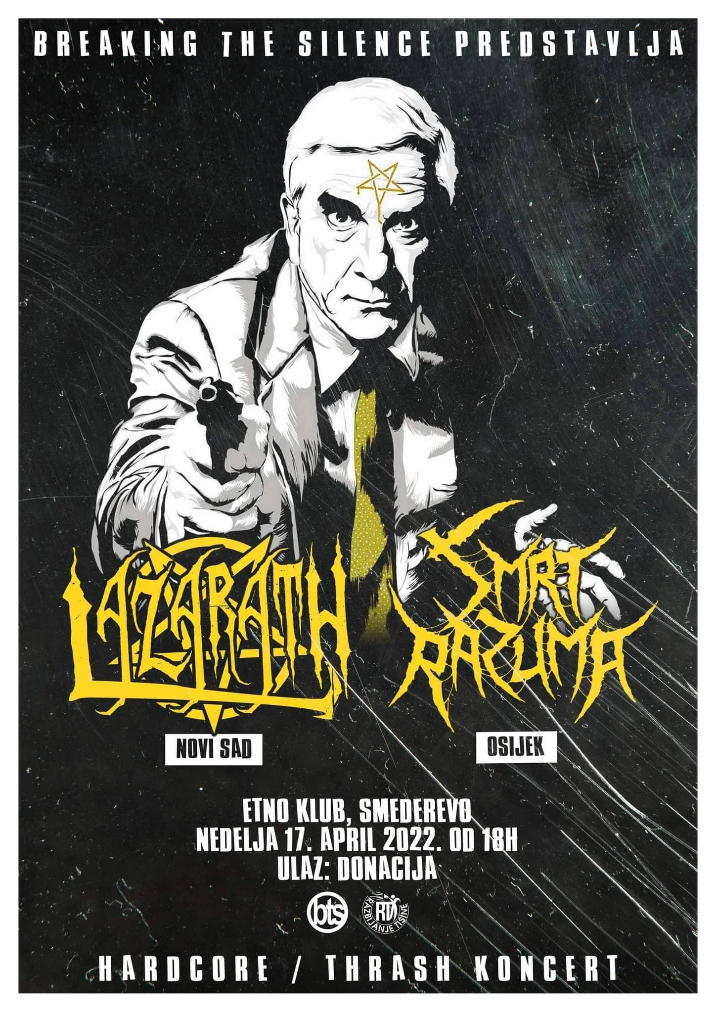 Event poster with a black background and a sketch of an older person pointing at the viewer. The poster features text in English and Serbian advertising a hardcore and thrash metal concert at Smederevo, Serbia, on April 17, 2022, with bands from Novi