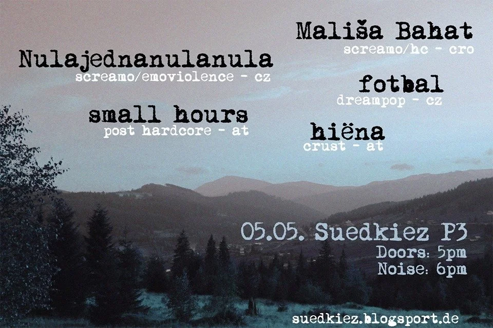Event poster displaying with event details for 05.05. Suedkiez P3, doors at 5 pm, noise at 6 pm, and a blogspot website address.