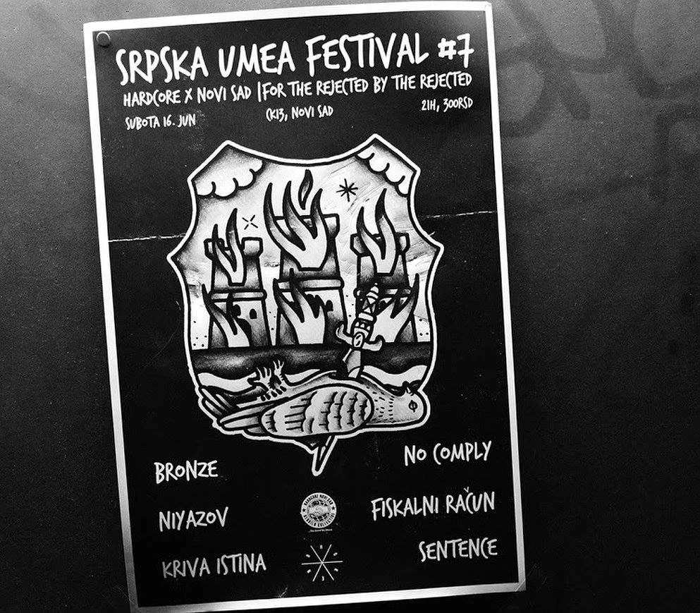 Black and white poster for the Srska Umea Festival 7 featuring artwork of raised hands on fire holding a snake, with additional details about the event including date, location, and music genre.