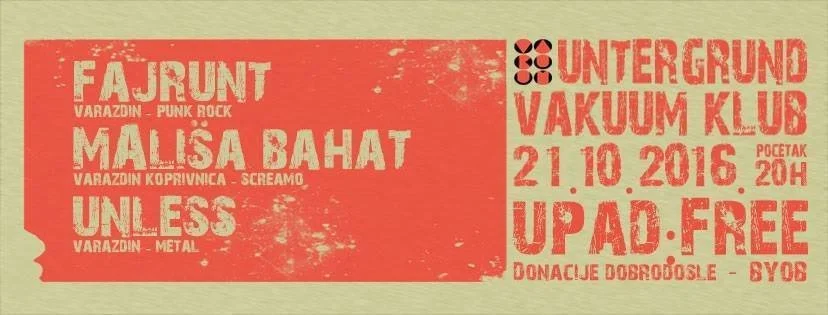 Red and beige concert flyer for underground music event on October 21, 2016, featuring bands Fajront, Malisa Bahat. Includes venue info, start time, and donation details.
