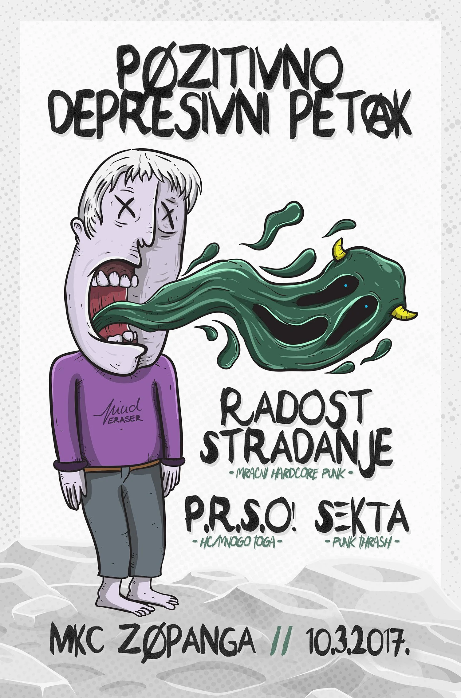 A cartoon drawing of a person with a large head and a long tongue, with closed eyes and an open mouth, wearing a purple shirt labeled 'Mudd Eraser' and gray pants, standing on a rocky surface. There is a green, smiling, monster-like creature with yel