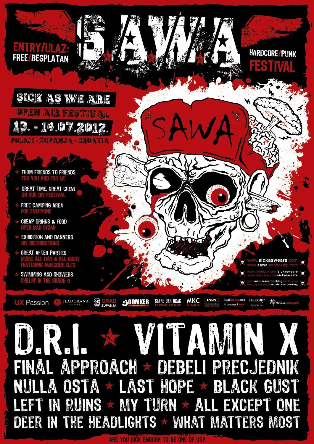 A promotional poster for the Sawa Hardcore/Punk Festival featuring a cartoon skull with a red hat labeled Sawa, eyes and a nose, with a mushroom cloud illustration behind it. The poster has red, black, and white colors with grunge-style text and desi