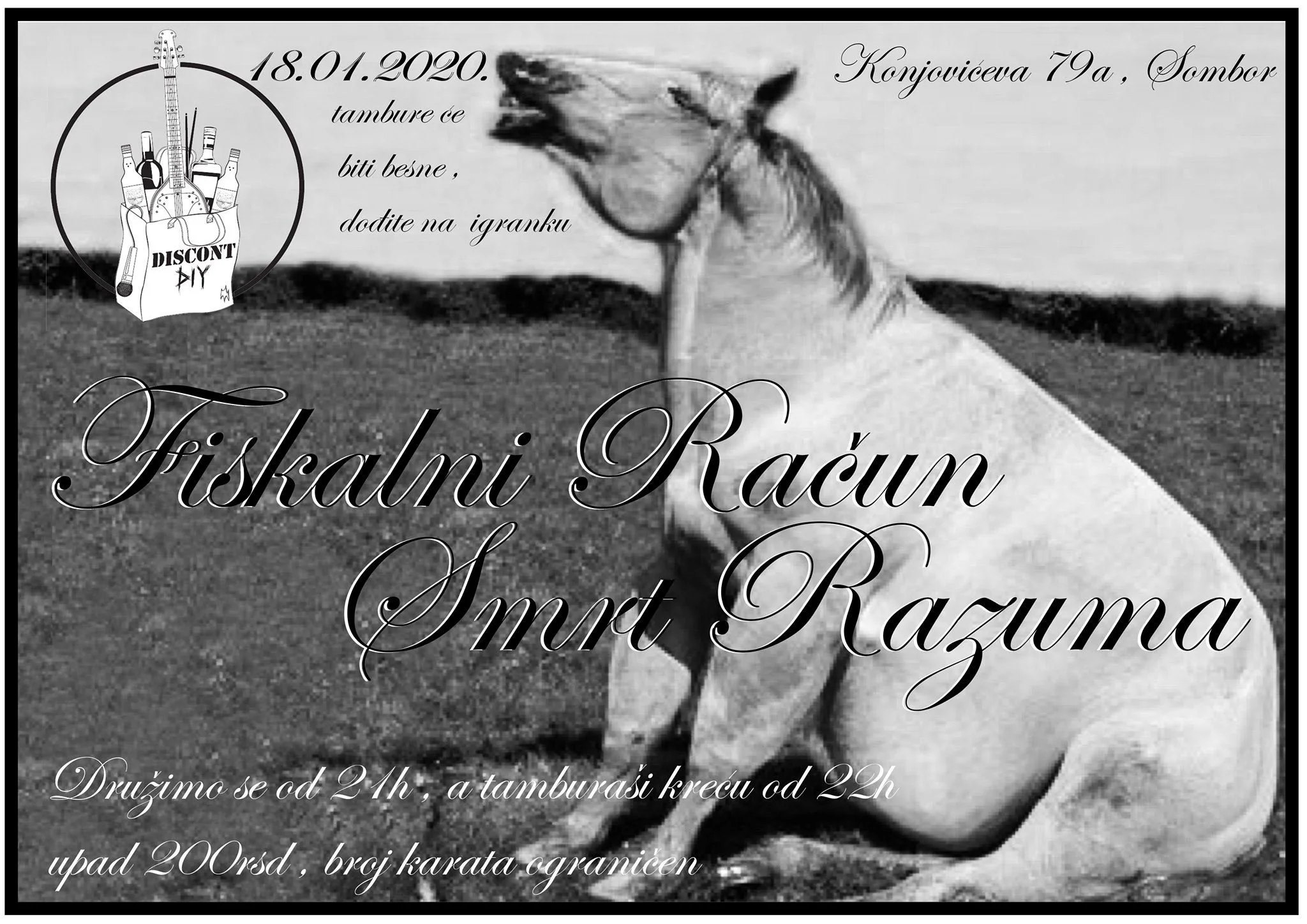Invitation poster with a black and white photo of a dog, text in Serbian with event details, and a graphic of a gift bag containing bottles and a guitar, with the word "DISCOUNT" on it.