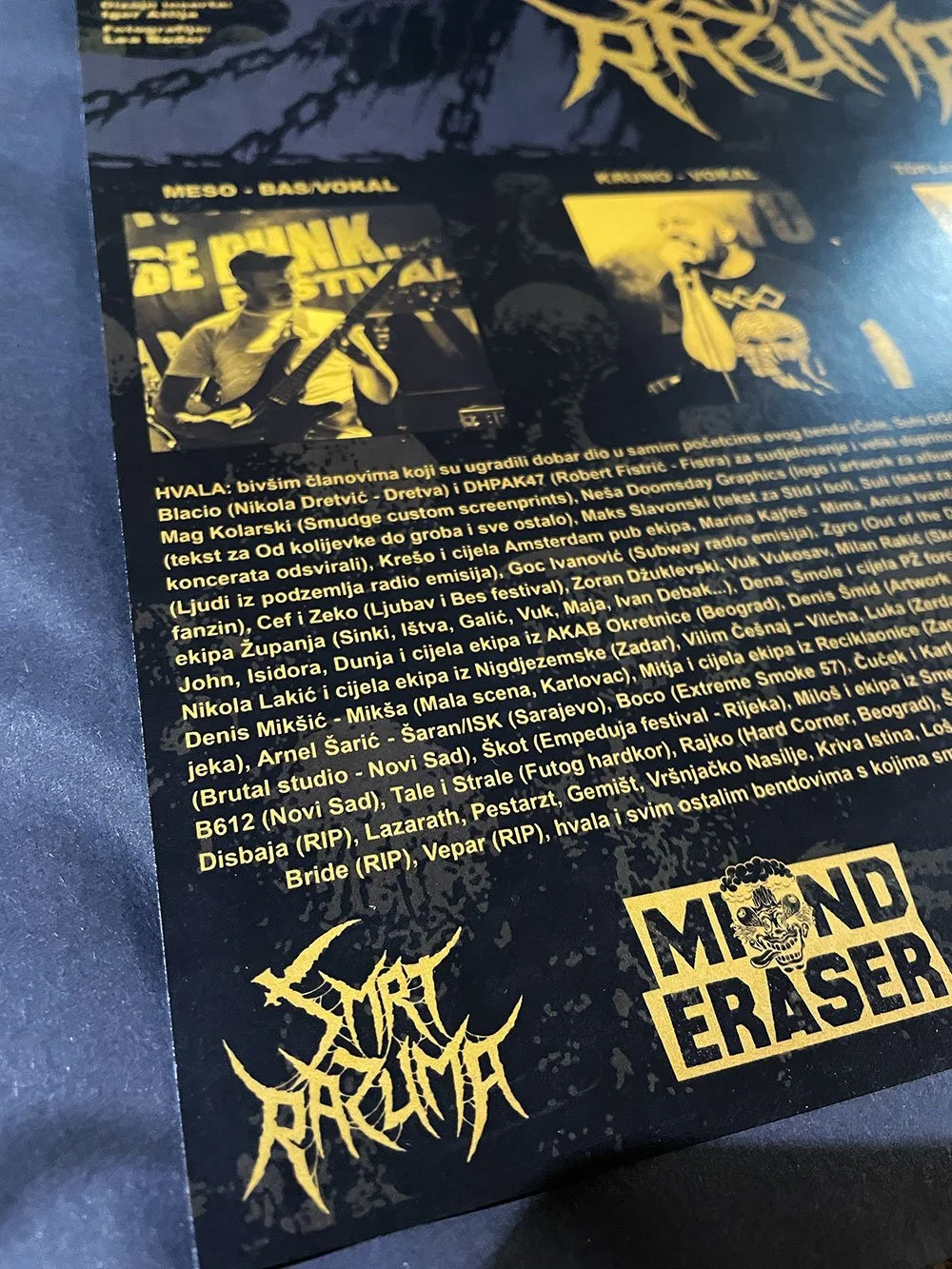 A black concert flyer with yellow text and images, promoting various bands and performers at a metal music event, including logos and images of musicians.