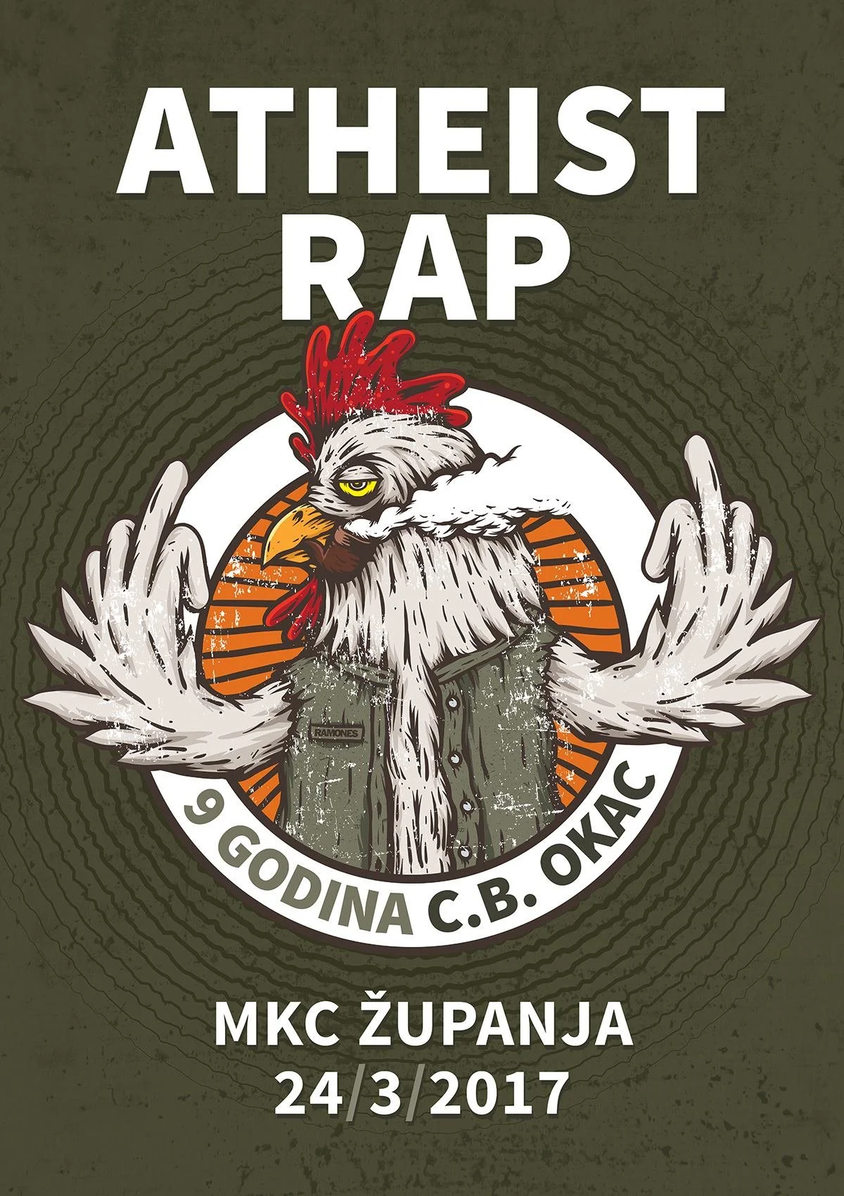A cartoon chicken wearing a green jacket and making a rebellious gesture with both hands. The background has a circular design with orange and black stripes, and the text 'Atheist Rap' appears at the top. Below, it says '9 Godina B. Okac' and 'MKC Žu