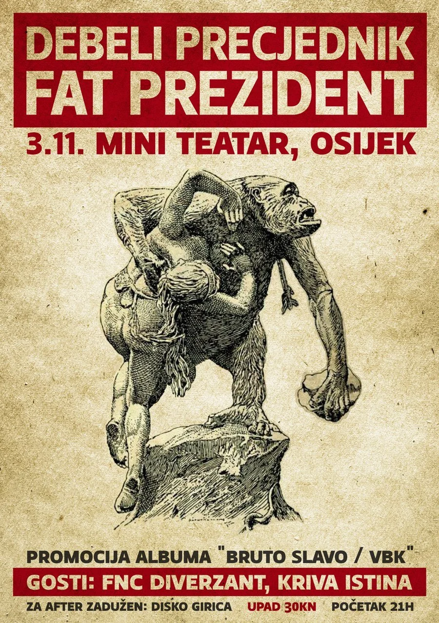 A promotional poster in Croatian for an art exhibition featuring an old illustration of a half-human, half-beast creature. The poster highlights a comedy show with details of the event, including a guest performance by FNC Diverzant, and mentions mus