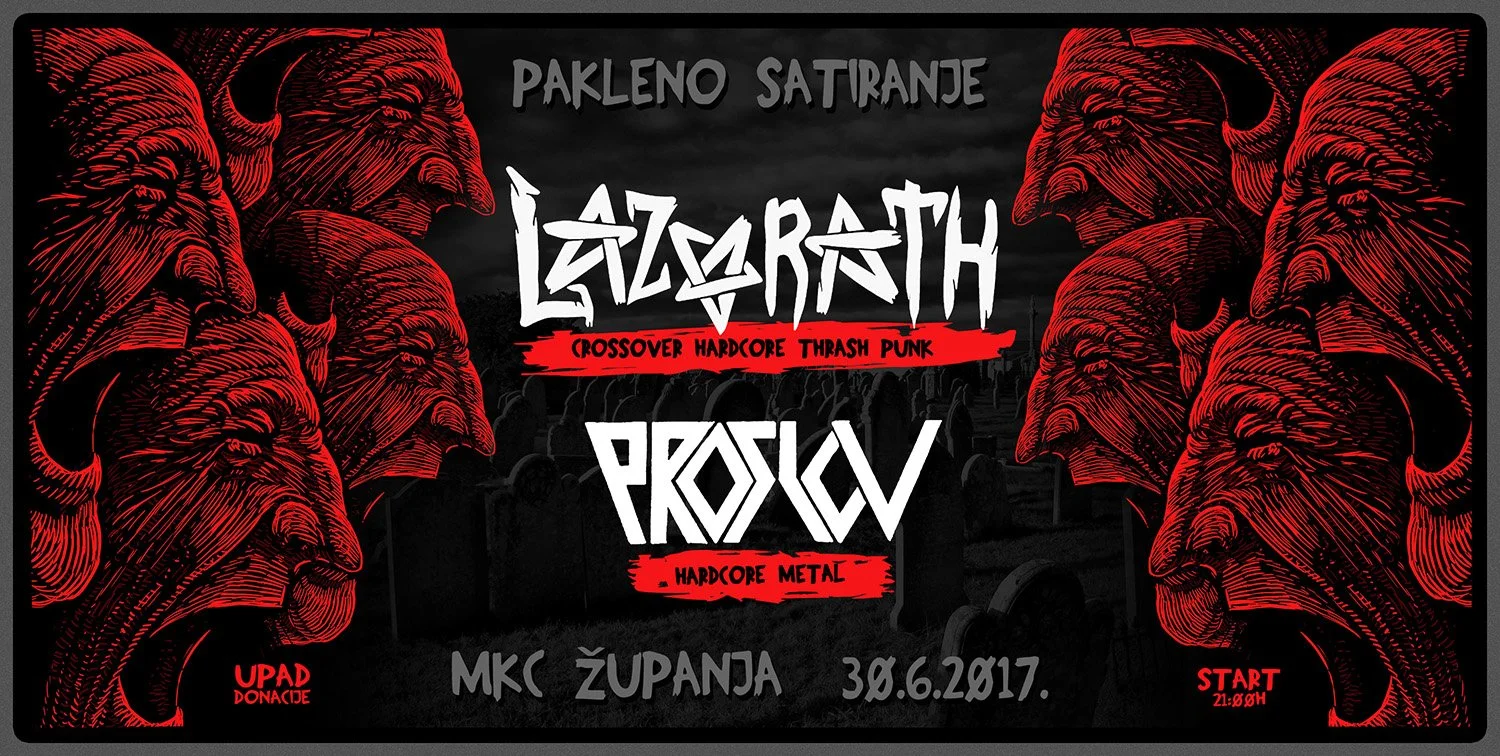 Event poster with black background featuring red illustrated faces of monsters or demons on both sides, promoting a concert titled 'Lazmorath' with bands 'Prolog' and event details including date, location, and start time.