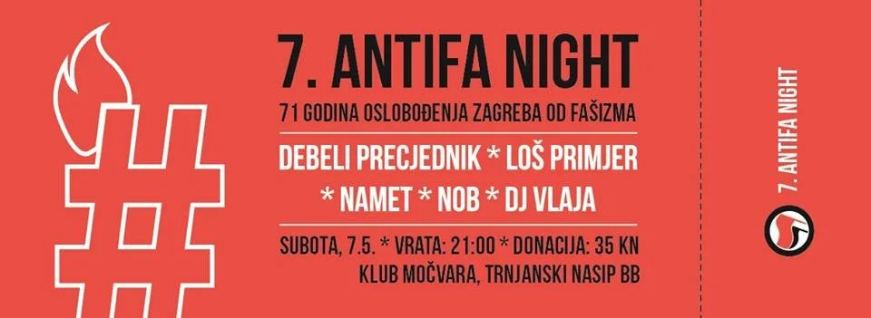 Poster for the 7th Anti-Fascist Night event in Zagreb, Croatia. Features a torch atop a stylized hashtag symbol, with event details in Croatian including date, time, location, and lineup of performers.