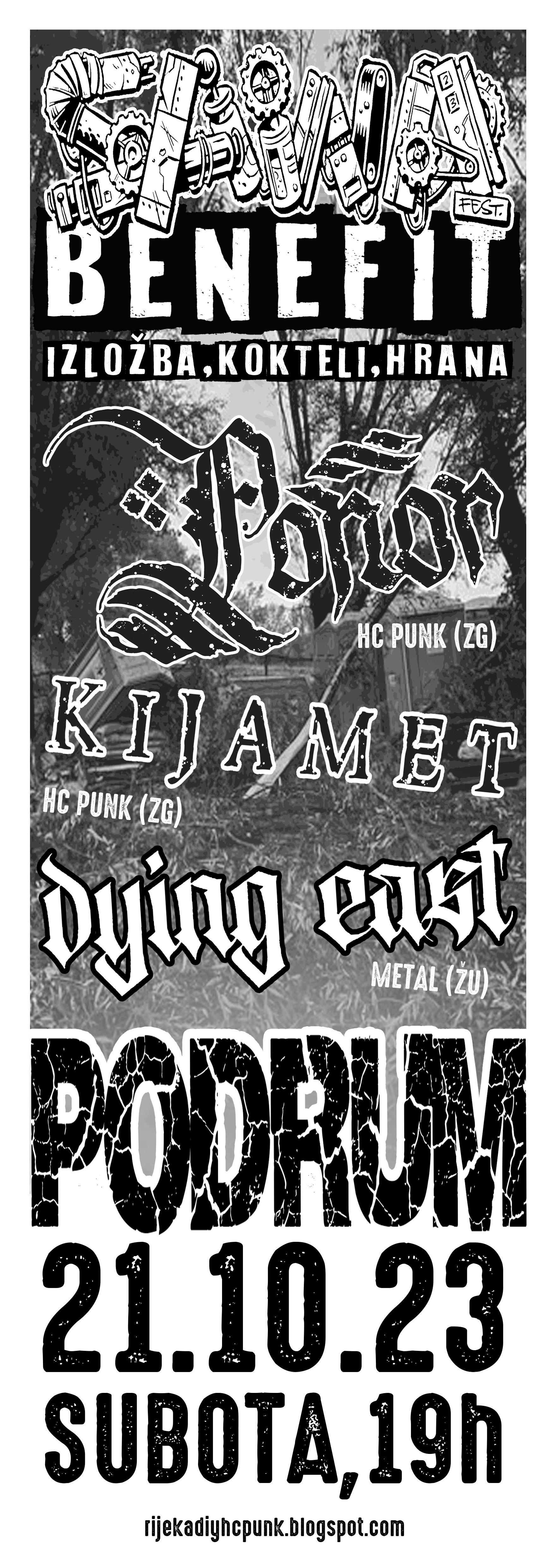 Black and white poster advertising a punk music festival featuring bands like Ponor and Kijamet, with event details and date, held outdoors with trees in the background.
