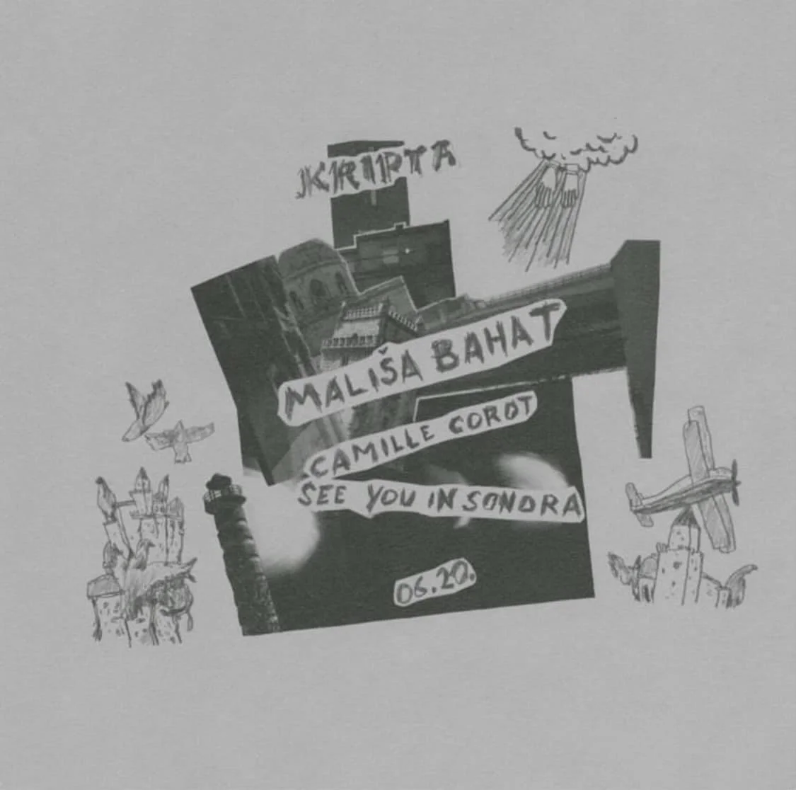 A collage of drawings and cut-out text with the names 'Malisa Bahat' and 'Camille Corot', along with illustrations of birds, a chimney, an airplane, and buildings, with a date '06.20' at the bottom.