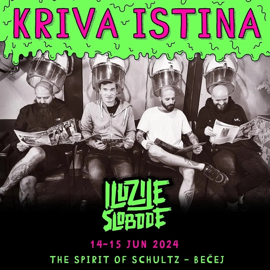 Four men are sitting in a row at a hair salon, with hair dryers over their heads. They are reading magazines. The image is in black and white. Overlaid text at the top reads "KRIVA ISTINA" in bright pink and green. Below, text reads "ILUZIJE SLOBODE"