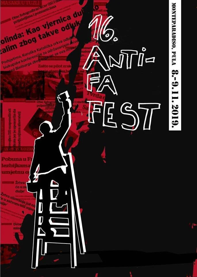 Event poster with a black background featuring red newspaper clippings, white and red text, and a silhouette of a person on a ladder reaching for a word, promoting the 16th Anti-Fa Fest held from August 8 to 11, 2019.